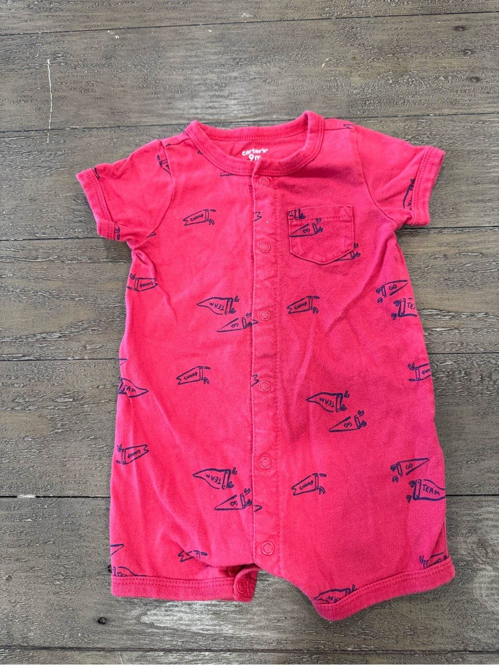 Carter's Pink Short-Sleeve Snap Front Romper with Navy Pennant Print